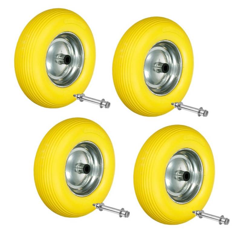 ECD Germany Schubkarren-Rad Rad aus pannensicherem PU Vollgummi Ersatzrad Reifen (4 St), Reifen mit Stahlfelge und Achse Gelb Gummirad Gartenkarren von ECD Germany