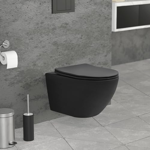 ECD Germany Hänge-WC lang, spülrandlos, schwarz matt, Wand-WC mit WC-Sitz abnehmbar aus Duroplast Softclose Absenkautomatik, Tiefspüler langer Ausladung 52 cm, Toilette aus Sanitärkeramik, Tiefspül-WC von ECD Germany