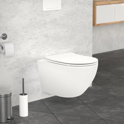 ECD Germany Spülrandloses Hänge WC weiß matt mit WC-Sitz abnehmbar aus Duroplast Softclose Absenkautomatik, Wand-WC Tiefspüler verlängerte Ausladung 52 cm, Design Toilette Sanitärkeramik, Tiefspül-WC von ECD Germany