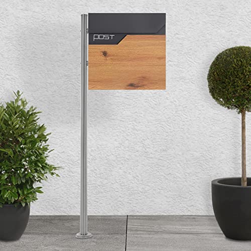 ECD Germany Standbriefkasten mit Zeitungsfach, Design Briefkasten mit Pfosten, Briefkastenanlage, Briefkastenständer Silber 120 cm Edelstahl, Postkasten Anthrazit-Holzoptik Edelstahl pulverbechichtet von ECD Germany