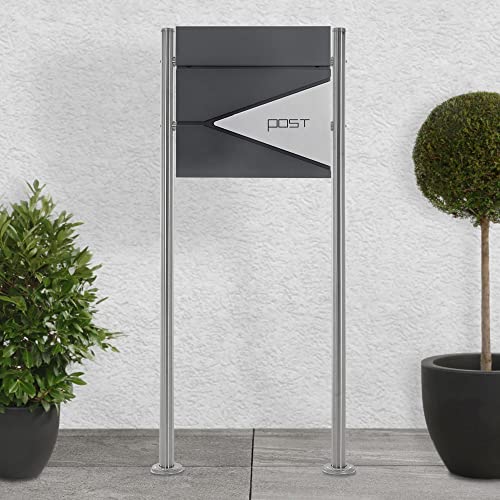 ECD Germany Standbriefkasten mit Zeitungsfach, Design Briefkasten mit Pfosten, Briefkastenanlage, Briefkastenständer Silber 120 cm Edelstahl, Postkasten Anthrazit-Silber Edelstahl pulverbeschichtet von ECD Germany