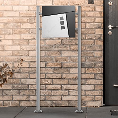 ECD Germany Standbriefkasten mit Zeitungsfach, Design Briefkasten mit Pfosten, Briefkastenanlage, Briefkastenständer Silber metallic 120 cm aus Edelstahl, Postkasten Anthrazit-Marmoroptik aus Stahl von ECD Germany