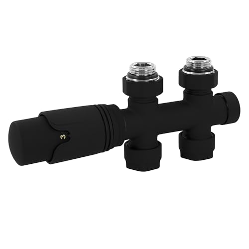 ECD Germany Ventil-Armaturen Set Multiblock Schwarz Durchgangsform Rohre aus dem Boden inkl. Thermostat für Badheizkörper Mittelanschluss Anschlussgarnitur Anschlussarmatur Hahnblock Heizkörperventil von ECD Germany