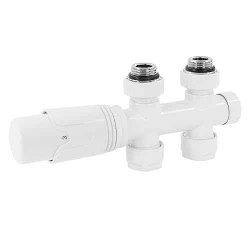 ECD Germany Ventil-Armaturen Set Multiblock Weiß Durchgangsform inkl. Thermostatkopf für Badheizkörper mit Mittelanschluss - Anschlussgarnitur Heizkörper Durchgang Rohre aus dem Boden mit Thermostat von ECD Germany