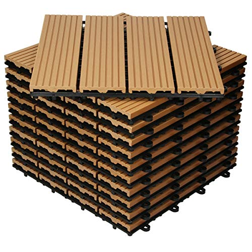 ECD Germany WPC Terrassenfliesen 30x30 cm 33er Spar Set für 3m² Teak in Holzoptik für Garten Balkon Bodenbelag mit Drainage und Klicksystem Terrassendielen Balkonfliesen Klickfliesen Holzfliesen von ECD Germany