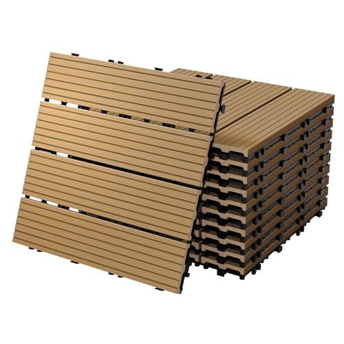 ECD Germany WPC Terrassenfliesen 30x30 cm/55 Fliesen=5m², Teak, geriffelt, Holzoptik, Bodenbelag mit Klicksystem und Drainage, Terrassendielen Balkonfliesen, Klickfliesen für Terrasse Garten Balkon von ECD Germany