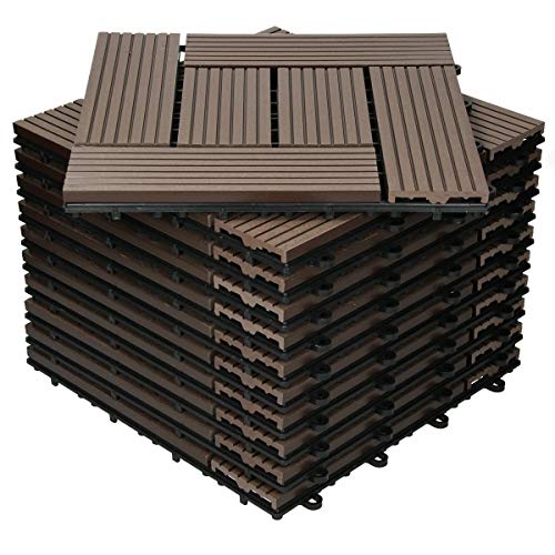 ECD Germany WPC Terrassenfliesen 30x30cm 11er Spar Set für 1m² Dunkelbraun Mosaik Holzoptik für Garten Balkon Bodenbelag mit Drainage Klicksystem Terrassendielen Balkonfliesen Klickfliesen Holzfliesen von ECD Germany