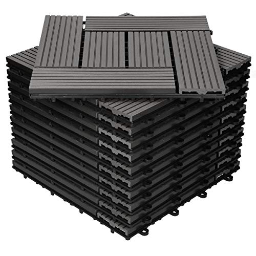 ECD Germany WPC Terrassenfliesen 30x30cm 22er Spar Set für 2m² Anthrazit Mosaik Holzoptik für Garten Balkon Bodenbelag mit Drainage Klicksystem Terrassendielen Balkonfliesen Klickfliesen Holzfliesen von ECD Germany