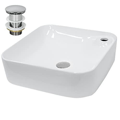 ECD Germany Waschbecken Waschtisch 435x435x125 mm aus Keramik Weiß inkl. Ablaufgarnitur für Waschbecken ohne Überlauf Aufsatzbecken Aufsatzwaschbecken Aufsatzwaschtisch Waschschale Spülbecken Becken von ECD Germany