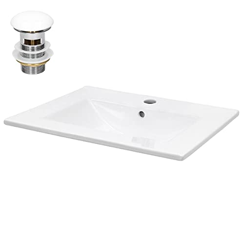 ECD Germany Waschbecken Waschtisch 610x465x175 mm Keramik Weiß inkl Ablaufgarnitur mit Überlauf Einbaubecken Einbauwaschbecken Handwaschbecken Einbauwaschtisch Aufsatzwaschbecken Spülbecken Wasserfall von ECD Germany