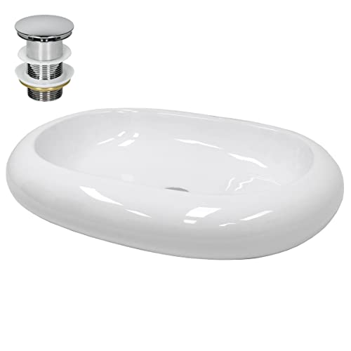 ECD Germany Waschbecken Waschtisch 630x420x120 mm inkl. Ablaufgarnitur für Waschbecken ohne Überlauf Keramik Oval Weiß Aufsatzbecken Aufsatzwaschbecken Waschschale Aufsatzwaschtisch Spülbecken Becken von ECD Germany