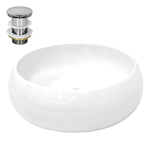 ECD Germany Waschbecken Waschtisch Ø 400 x 150 mm Keramik Rund Weiß inkl. Ablaufgarnitur für Waschbecken ohne Überlauf Aufsatzbecken Aufsatzwaschbecken Aufsatzwaschtisch Waschschale Spülbecken Becken von ECD Germany