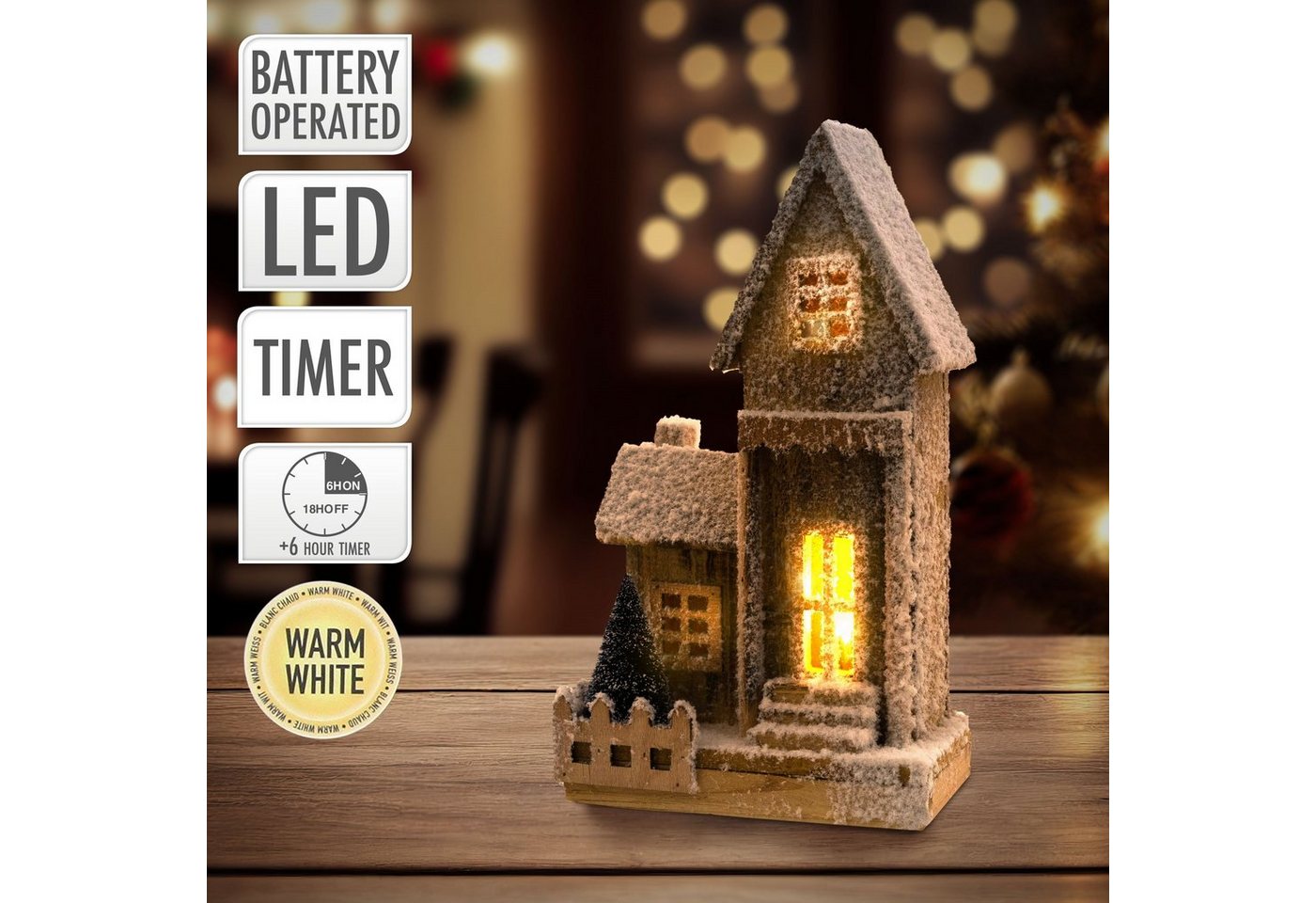 ECD Germany Weihnachtsdorf Dekorative Holz-Weihnachtshaus Deko Holzhaus Winterhaus Weihnachtsdeko, LED-Beleuchtung Warmweiß 21x11x38cm batteriebetrieben mit Timer von ECD Germany