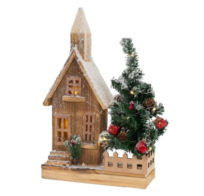 ECD Germany Weihnachtsdorf Weihnachtshaus beleuchtete Winterlandschaft Winterdorf Deko Holzhaus, Weihnachtshäuschen mit Baum 20 LEDs inkl. Timer für Innen Warmweiß von ECD Germany