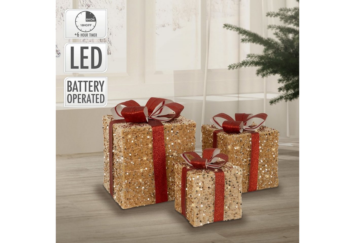 ECD Germany Weihnachtsfigur Geschenkboxen Weihnachten Weihnachtsdekogeschenk Weihnachtsgeschenkbox, 3er Set LED mit Schleifen Hellbraun-Rot Warmweiß batteriebetrieb Timer von ECD Germany