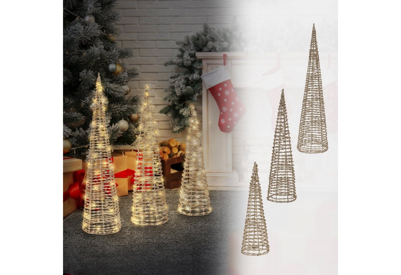 ECD Germany Weihnachtsfigur LED Pyramide Lichterkegel Weihnachten Leuchtpyramide Lichtpyramide, 3er Set Warmweiß 40cm-20LEDs/80cm-40LEDs Gold Metall mit Timer von ECD Germany