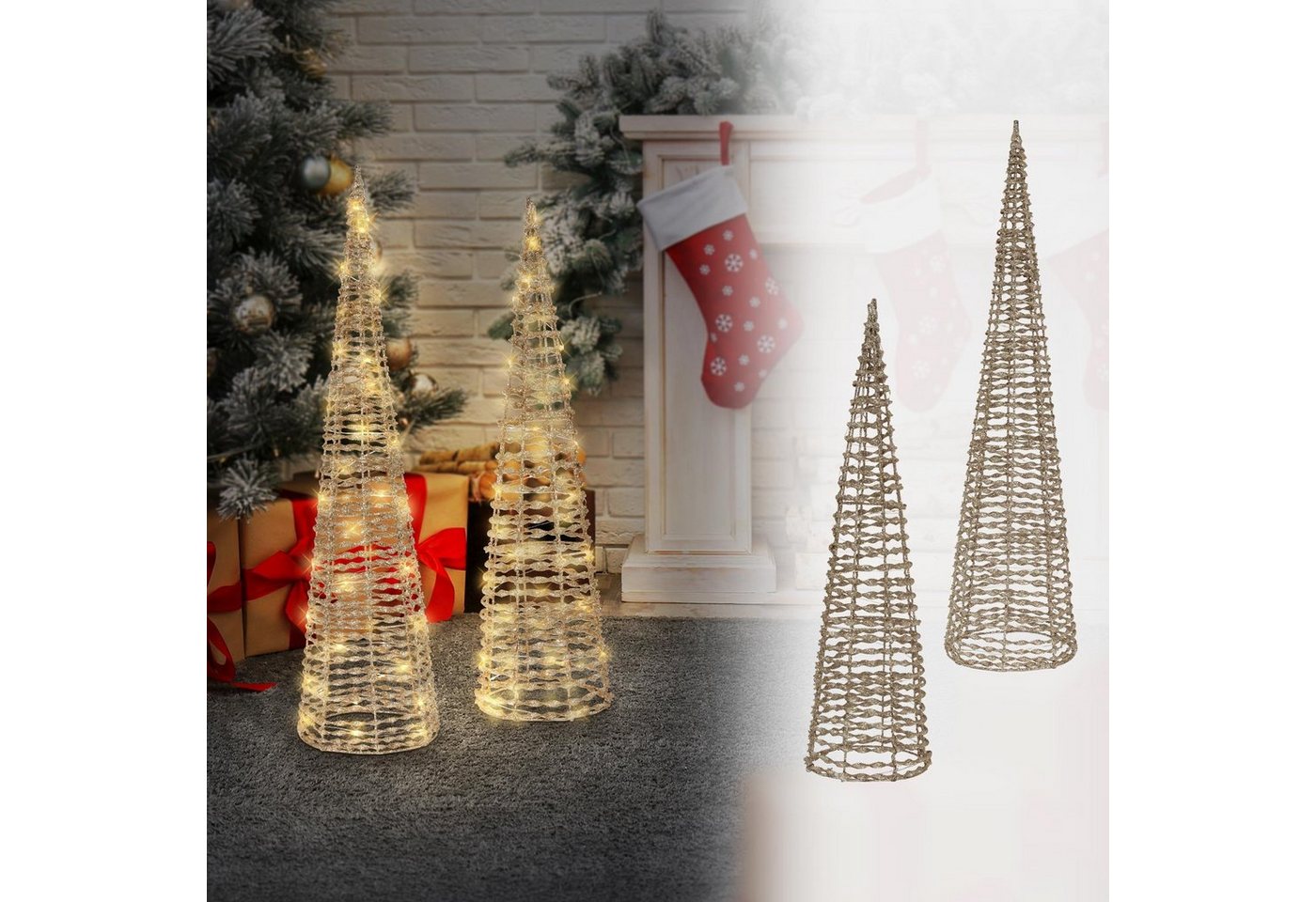 ECD Germany Weihnachtsfigur LED Pyramide Lichterkegel Weihnachten Leuchtpyramide Lichtpyramide, 2er Set Warmweiß 40cm-20LEDs/80cm-40LEDs Gold Metall mit Timer von ECD Germany