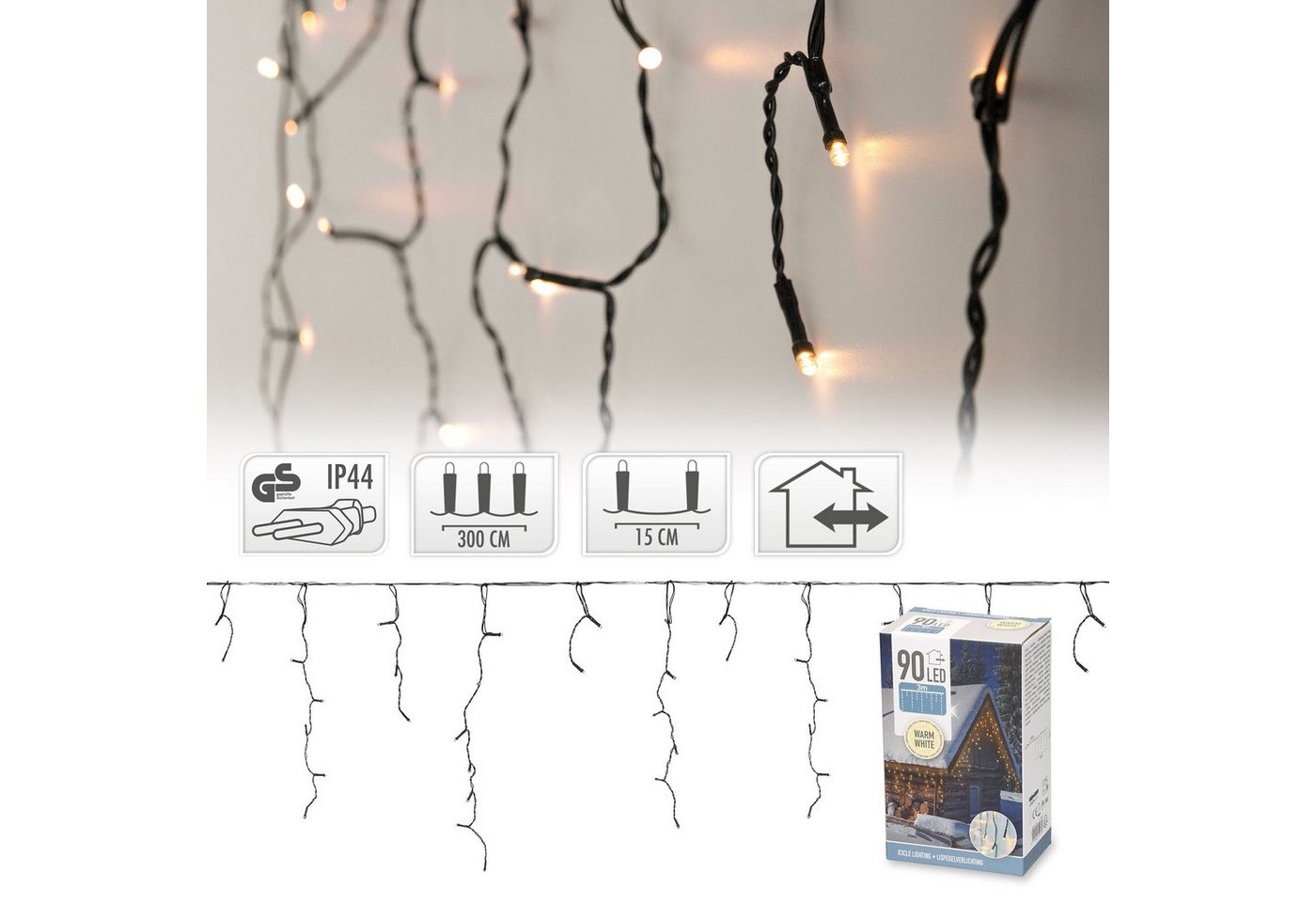 ECD Germany Weihnachtsfigur LED Lichtervorhang 3 m mit 90 LEDs Warmweiß IP44, 3m 90 Warmweiße LEDs Eiszapfen IP44 Wasserdicht Innen/Außen von ECD Germany