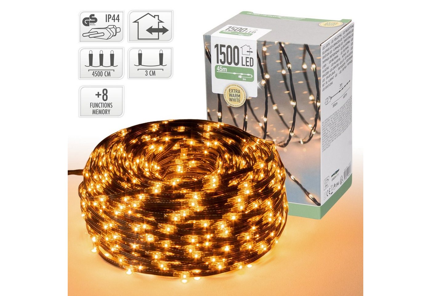 ECD Germany Weihnachtsfigur LED Micro Cluster Lichterkette Weihnachtsbeleuchtung Weihnachtsbaum, 45m 1500 LEDs Extra Warmweiß 8 Funktionen Strombetrieb IP44 von ECD Germany