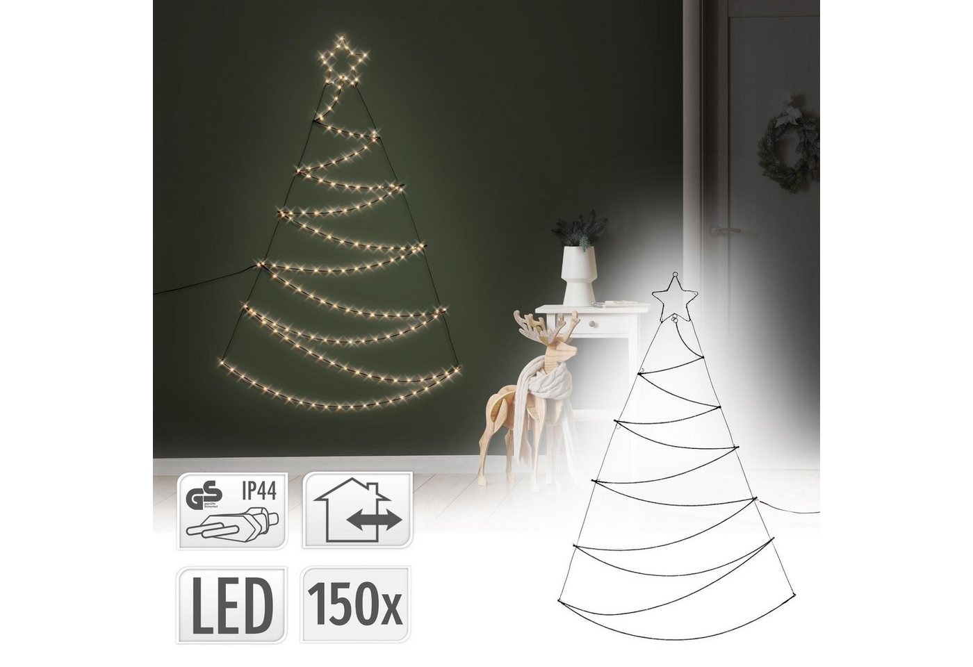 ECD Germany Weihnachtsfigur LED Weihnachtsbaum Weihnachtsdekoration Christbaum Lichterkette, Warmweiß 150cm 150 LEDs Stern wandmontiert dekorativer Aufhänger von ECD Germany