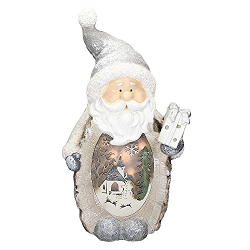 ECD Germany Weihnachtsmann Deko Figur mit LED Beleuchtung 52cm Warmweiß Weiß mit grauem Hut und Schal, Holzoptik, Batteriebetrieben, für Innen, LED-Weihnachtsdeko Weihnachtsfigur Weihnachten Tischdeko von ECD Germany