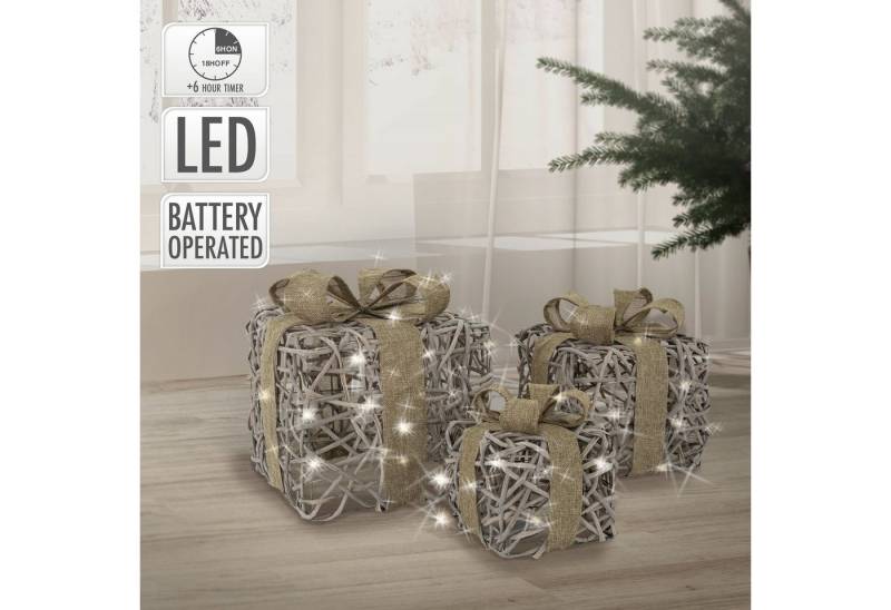 ECD Germany Weihnachtsszene Geschenkboxen Weihnachten Weihnachtsdeko Geschenk Weihnachtsbaum, 3er Set LED mit Schleifen Braun-Grau Warmweiß batteriebetrieb Timer von ECD Germany