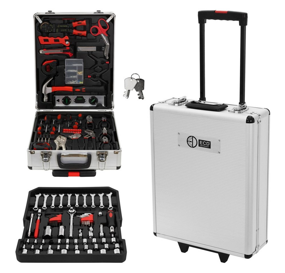 ECD Germany Werkzeugkoffer Werkzeug-Set aus Chrom-Vanadium Stahl mit 4 Ebenen & Rollen (Komplett-Set, 180 St), 180 telig Silber Werkzeugkasten Werkzeugkiste Werkzeug Trolley von ECD Germany