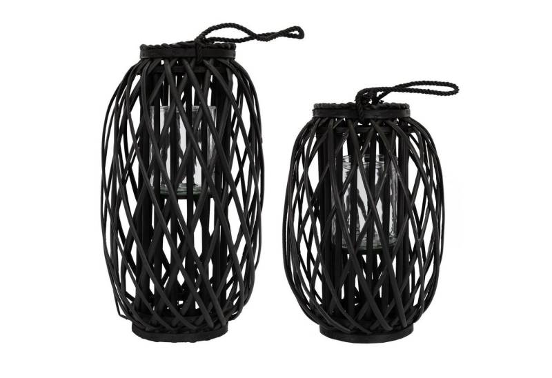 ECD Germany Kerzenlaterne Laterne Ried mit Henkel aus Rattan und Glass Retro-Laterne (2er Set), Gartenlaterne Schwarz Handgeflochtene Korbgeflecht Kerzenhalter von ECD Germany