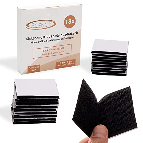 ECENCE 18x Klettband selbstklebend, quadratisch Klettverschluss selbstklebend Klebepads für Wände, Boden, Türen, Auto, extra stark Schwarz von ECENCE