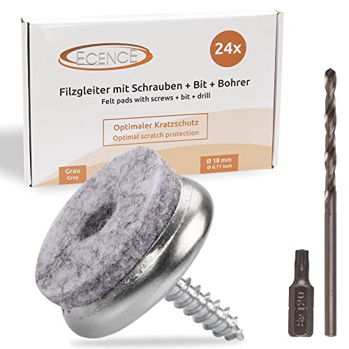 ECENCE 24x Filzgleiter mit verbesserten Torx-Schrauben 18mm/0.71inch Set aus Stuhlgleitern + Torxbit + Bohrer Stuhlbeinschoner Möbelgleiter zum Schrauben Parkettgleiter Grau mit Schrauben von ECENCE