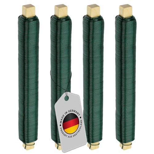 ECENCE 4er Set Blumendraht verzinkt, 0,65mm Basteldraht, Wickeldraht lose auf Holzwickel zur Befestigung von Blumen und Pflanzen, Bindedraht 35m Farbe Grün von ECENCE