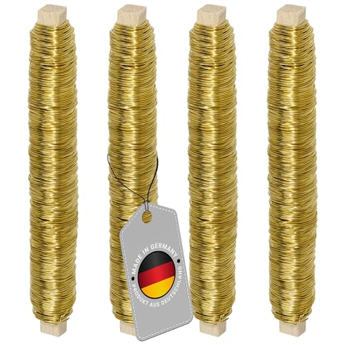 ECENCE 4er Set Blumendraht verzinkt, 0,65mm Basteldraht, Wickeldraht lose auf Holzwickel zur Befestigung von Blumen und Pflanzen, Bindedraht 35m Farbe Gold von ECENCE