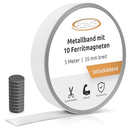 ECENCE Metallband selbstklebend, (5m), Ferroband Weiss, Magnetband selbstklebend, (35mm Breite) Eisenband, Stahlband, inkl 10x Ferrit Magnete von ECENCE