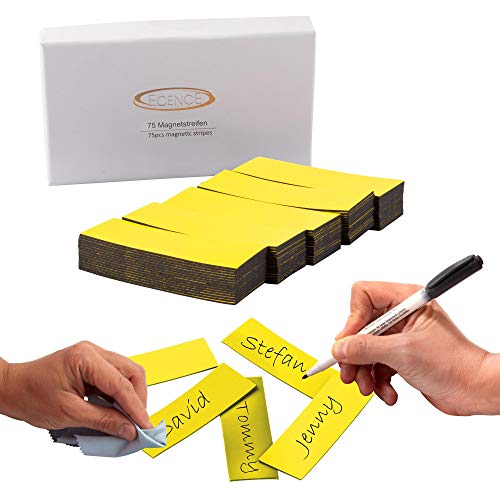 ECENCE Magnetstreifen beschreibbar 75 Stück - 60x20mm - abwischbare Magnetschilder - Magnet-Etiketten zuschneidbar für Whiteboards, Kühlschränke, Magnettafeln - Gelb von ECENCE