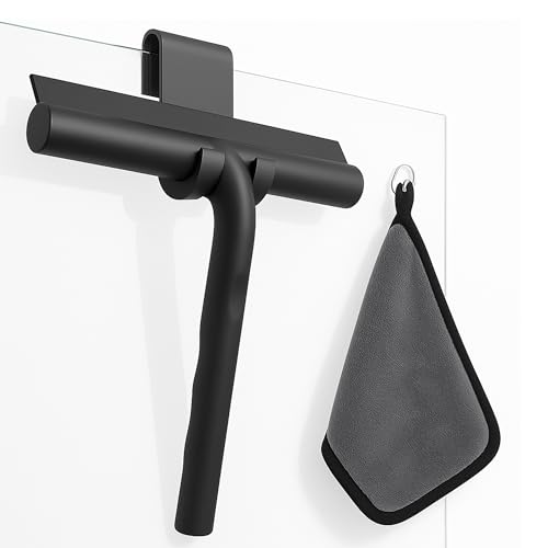 ECENCE Duschabzieher Schwarz Silikon, Duschwischer mit Halterung ohne Bohren + Mikrofasertuch, Fensterabzieher Edelstahlkern, Duschkabinenabzieher, Glasabzieher 21cm von ECENCE