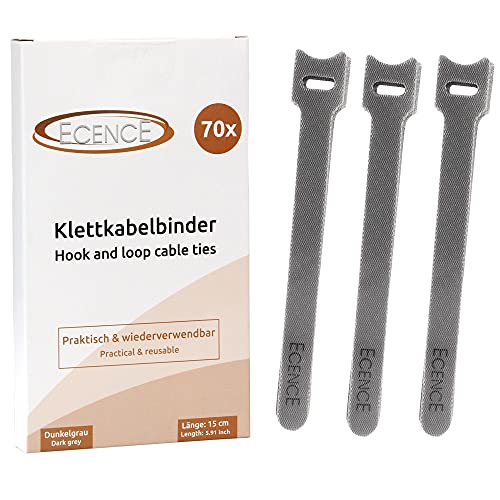 ECENCE Kabelbinder wiederverschließbar für Kabel 70x Klettverschluss Kabelorganizer 15x1,2cm Grau cable ties, Klettband wiederverwendbar von ECENCE