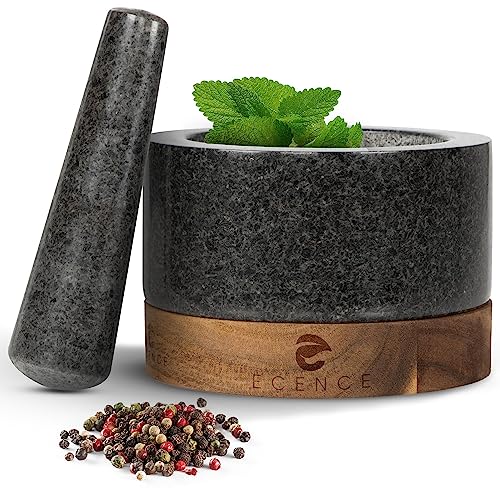 ECENCE Mörser mit Stößel Set aus Granit & Holz Ø15,5cm Küchenmörser Gewürzmörser massiv für perfektes Mahl-Ergebnis Großer Steinmörser Mortar and Pestle Granit & Akazienholz von ECENCE