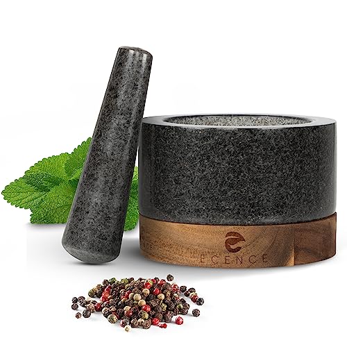 ECENCE Mörser mit Stößel Set aus Granit & Holz Ø11cm Küchenmörser Gewürzmörser massiv für perfektes Mahl-Ergebnis Großer Steinmörser Mortar and Pestle Granit & Akazienholz von ECENCE