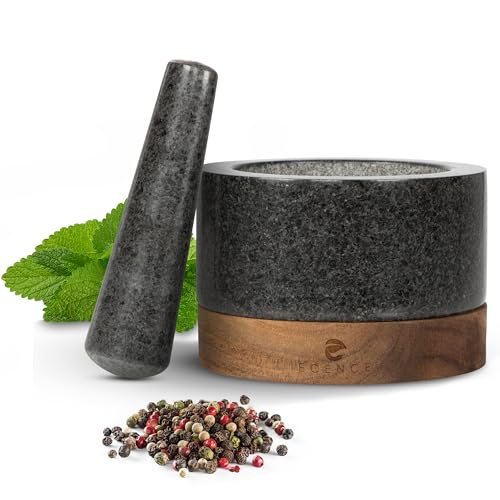 ECENCE Mörser mit Stößel aus hochwertigem Naturgranit und edlem Akazienholz-Sockel Ø11cm - Massiver Steinmörser für Kräuter & Gewürze - Mortar and Pestle von ECENCE