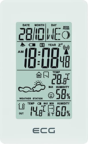 ECG MS 100 Wetterstation mit Funksensor bis 30 Meter Entfernung, Thermometer, Hygrometer, Wettervorhersage für die nächsten 24 Stunden in 4 Modi, Uhrzeit, Wecker, Weiß von ECG