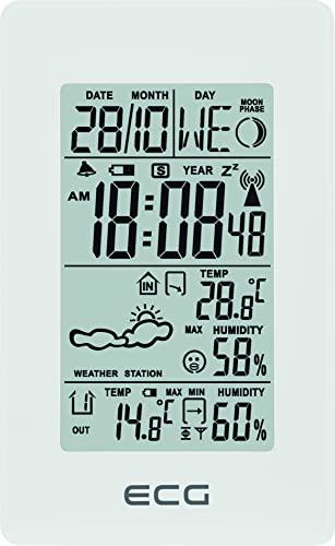 ECG MS 100 Wetterstation mit Funksensor bis 30 Meter Entfernung, Thermometer, Hygrometer, Wettervorhersage für die nächsten 24 Stunden in 4 Modi, Uhrzeit, Wecker, Weiß, weiss von ECG