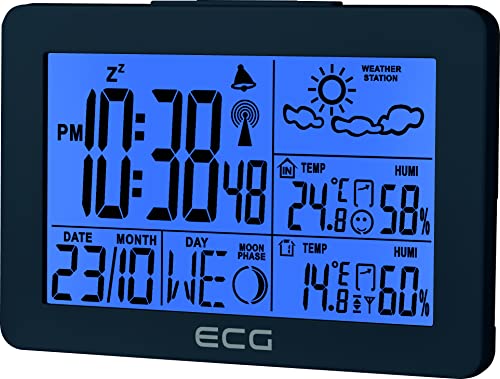 ECG MS 200 Wetterstation mit Funksensor bis 30 Meter Entfernung, Thermometer, Hygrometer, Wettervorhersage für die nächsten 24 Stunden in 4 Modi, Uhrzeit, Wecker, grau von ECG