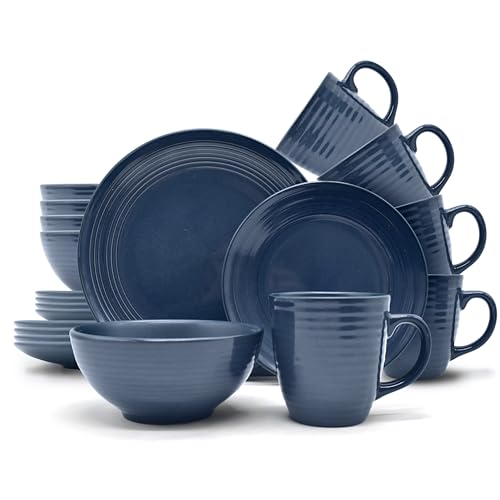 ECHTWERK 24-teiliges Vintage Kombiservice "Alicia" Modern-Design für 6 Personen, Stilvolles dunkelblaues Geschirrset aus Stoneware mit 6 x Speiseteller, 6 x Beilagenteller, 6 x Schüssel, 6 x Teetassen von ECHTWERK