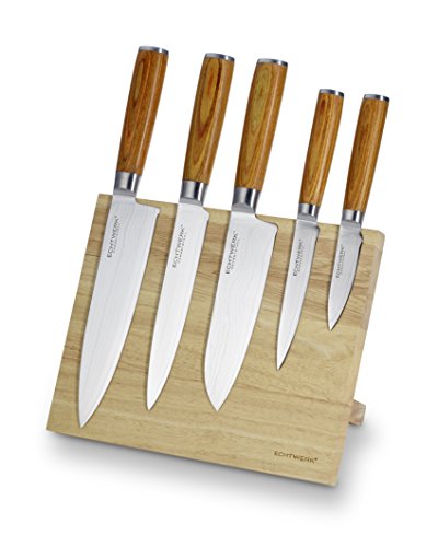 ECHTWERK Damastmesser Set 6tlg., Küchenmesser Set, Kochmesser, Santokumesser, Filetiermesser, Universalmesser, Schälmesser, Glattschliff, Messergriffe aus Pakka-Holz, Inkl. Magnet-Messerblock aus Holz von ECHTWERK