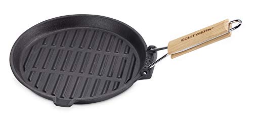 ECHTWERK EW-GE-1235 Grillpfanne aus Gusseisen mit Grillstreifen-mit Holzgriff, Schwarz von ECHTWERK