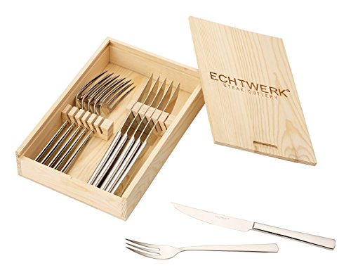 Echtwerk Steakbesteck "SARRE ", 12-teilig, Steakgabel, Steakmesser, Grillbesteck, Pizzabesteck, scharfe Messer, Edelstahl 18/10 poliert Inkl. Holzkassette Besteck Set, Edelstahl, 25.7x16.7x7.5 cm von ECHTWERK