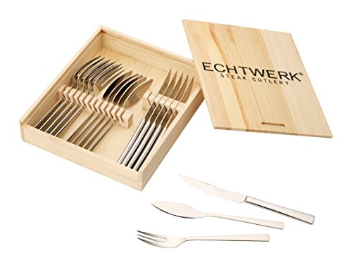 Echtwerk Steakbesteck "SARRE ", 18-teilig, Steakgabel, Steakmesser, Grillbesteck, Pizzabesteck, scharfe Messer, Edelstahl 18/10 poliert Inkl. Holzkassette Besteck Set, Edelstahl, 25.7x16.7x7.5 cm von ECHTWERK