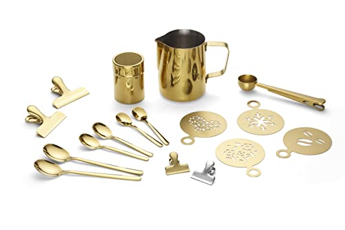 ECHTWERK Kaffeezubehör-Set, 23-tlg, 600 ml, 4x Espresso-, 4x Cappuccino-, 4x Latte 4x Kaffeeclips, 4x Kaffeeschablonen, Kaffeemesslöffel, Gold Barista-Art von ECHTWERK