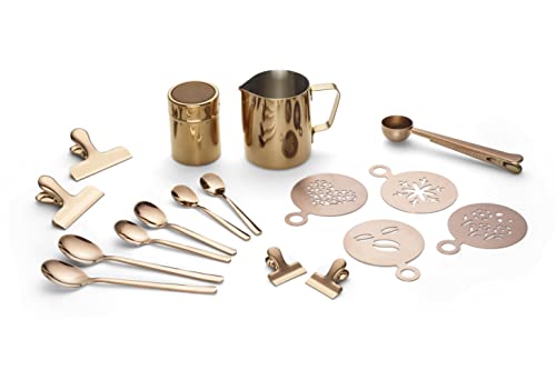 ECHTWERK Kaffeezubehör-Set 23-tlg, kupfer, Milchschaumkännchen, Kakaostreuer, Barista, Kaffee, Schablonen, je 4x Espresso-, Cappuccino-, Latte Macchiato-Löffel, Kaffeeclips, 1x Kaffeemesslöffel von ECHTWERK
