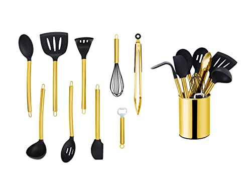 ECHTWERK Küchenuntensilien,10-teiliges Küchenhelfer-Set,Küchenzubehör,Kochbesteck mit Edelstahlgriff,Kochset Utensilienhalter,Kochzubehör,Antihaft Silikon Haushaltshelfer,Gold-Edition,EW-KS-1002G von ECHTWERK